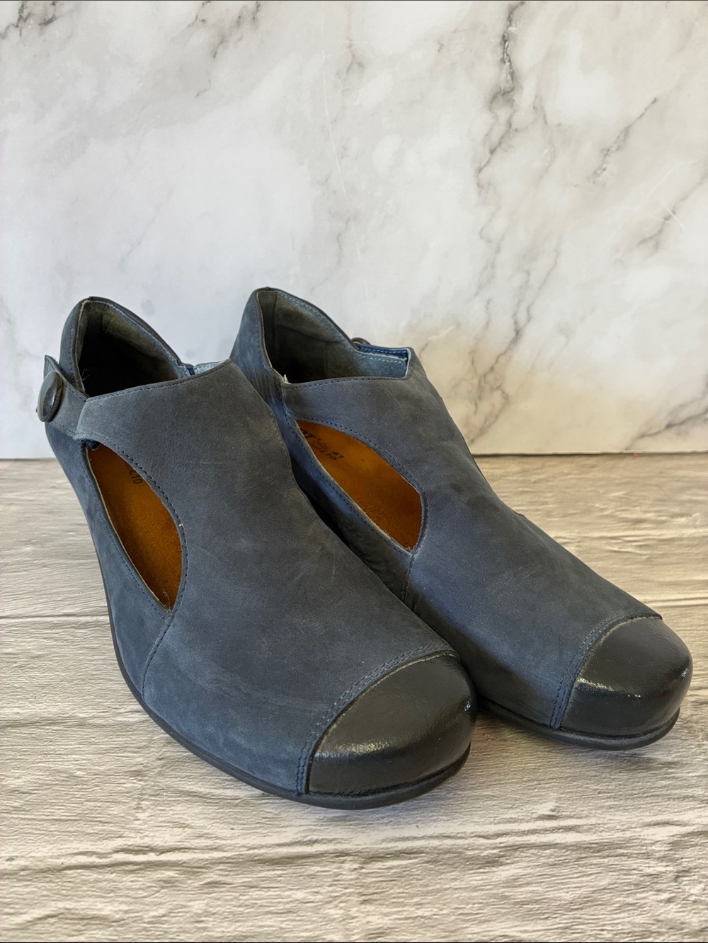 Naot Navy Blue Cutout Leather Wedge Mary Janes With Dark Navy Toe Cap